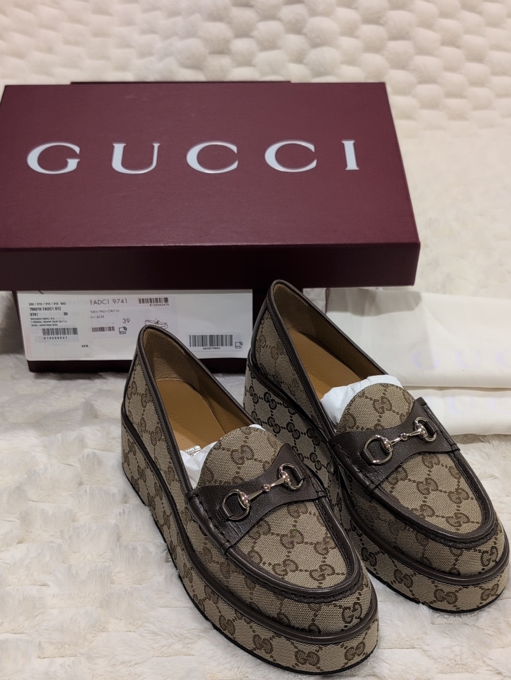 Gucci Womens Horsebit Wedge Loafer Beige GG Canvas Horsebit Platform Loafers 39